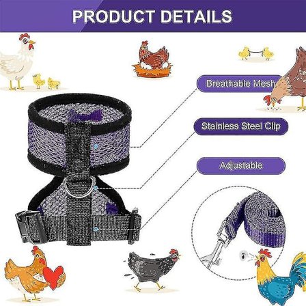 2 stk Kyllingesele og snor, modificeret justerbar åndbar sele, specielt designet til kylling and gås træning og gåture, komfortabel Si