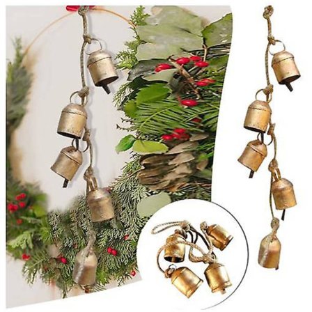 Juleklokker med tau, gull vintage metallklokker håndlagde bjeller julepynt, gullbjeller julekrans dør vindu vegg gård des