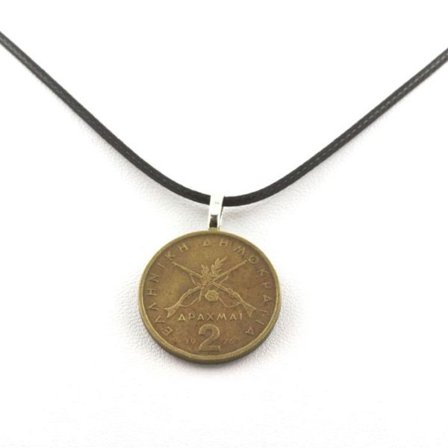 Stenar och mineraler. Grekland mynthalsband 2 drachmai Karaiskakis Svart snöre.