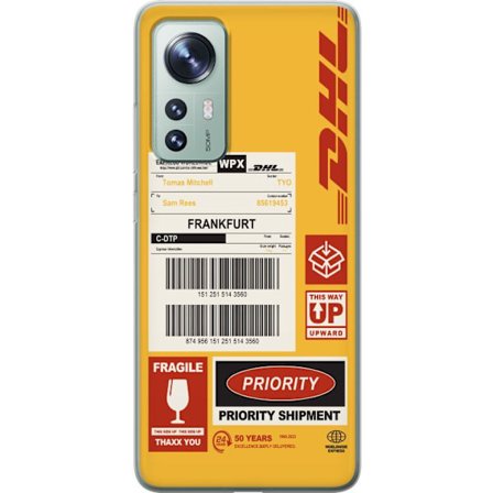 Kompatibel Mobilcover til Xiaomi Xiaomi 12 DHL Express fragtetiket design med stregkoder, Frankfurt tekst og logistiktema grafisk motiv perfekt til i