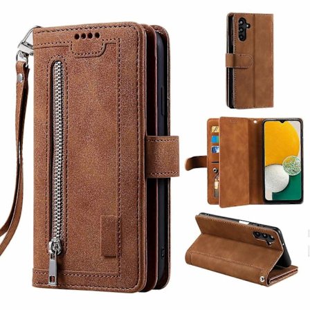 til Samsung Galaxy A26 5G Etui PU Læder Telefon Cover med Lynlås Pung 9 Kort Slots-Brun-Perfet