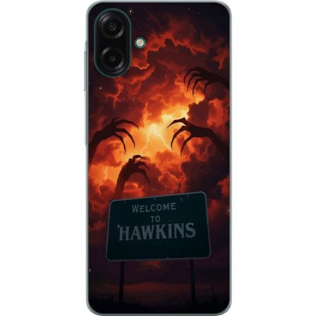 Kompatibel Mobilcover til Samsung Samsung Galaxy A07 4G Mørkt horrormotiv med røde tordenvejr og truende hænder over Hawkins-skiltet dramatisk myst