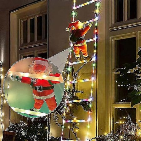 Klättrande tomte på stege med 150 cm LED-lampor, USB & fjärrkontroll [JUN]