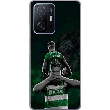 Yhteensopiva Puhelinkuori Xiaomi 11T Neonmotiivi, jossa teksti "Gaming is in my DNA" sinisenä ja punaisena tiiliseinällä, jossa loistava DNA-spiraali.