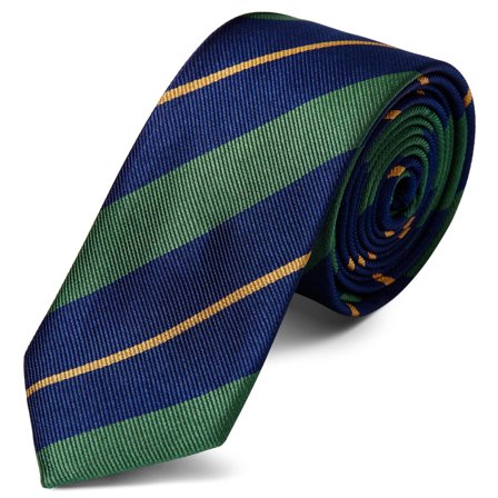 Green & Gold Stripe Navy Silk 6cm Tie for Men - Patterned Ties