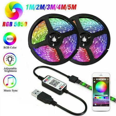 LED Strip Lights TV Bakgrundsljus 5050 RGB Färg Laddare Bluetooth