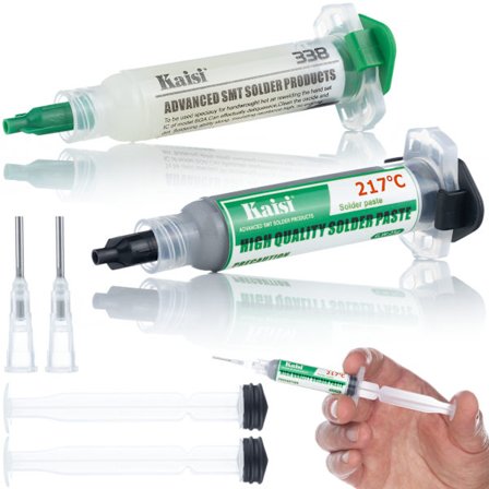 Juotossetti Flux 338 + Nestemäinen Tina 217°C – Tarkka Levitys | 2 Ruiskua, 2 Neulaa | GSM, BGA