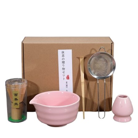 Keramisk Matcha Sæt, Inklusive Skål, Piskholder & Pisk, 5-Delt Pink Sæt