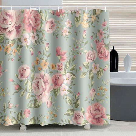 Rosa duschdraperi med 12 krokar Grön 180x180cm