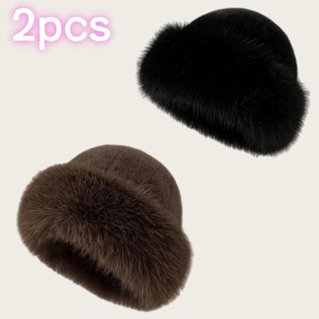 Setti: 2 pehmeää tekoturkisminkkihattua korealaiseen tyyliin, yksivärinen muhkea bucket-pipo lämpöön [DB]