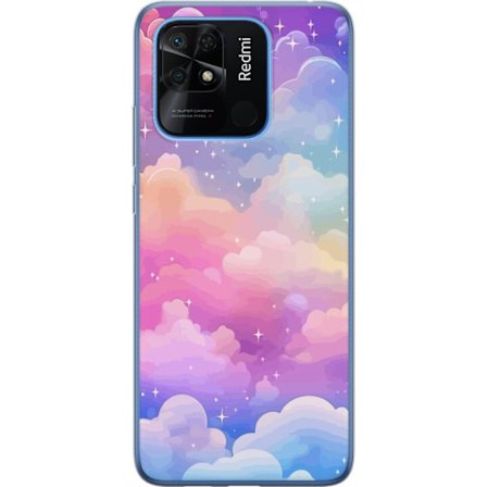 Kompatibelt Mobildeksel til Xiaomi Redmi 10C Søt enhjørning med regnbuefarget hår mot en stjernebelagt pastellbakgrunn i kawaii-stil