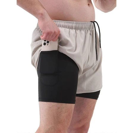Sportsshorts for menn med innershorts 2-i-1 med lommer, hurtigtørkende løpeshorts for sykling og fitness Beige Medium