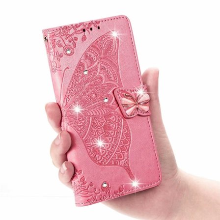 Etui til Samsung S23 Ultra Rosa-Diamant 3D Blomst Sommerfugl Lær Diamant Preget Plate