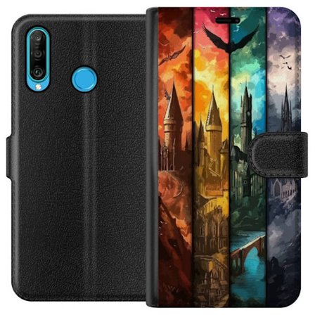 Kompatibel Tegnebogsetui til Huawei Huawei P30 lite Fire magiske slotte i forskellige elementfarver, episk fantasykunst med ild vand luft og mørke i