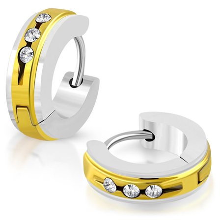 Små Runda Hoop Örhängen i 2 Toner / Silver & Guld Färg / i Stål 316L med Klara Cubic Zirconia Kristaller