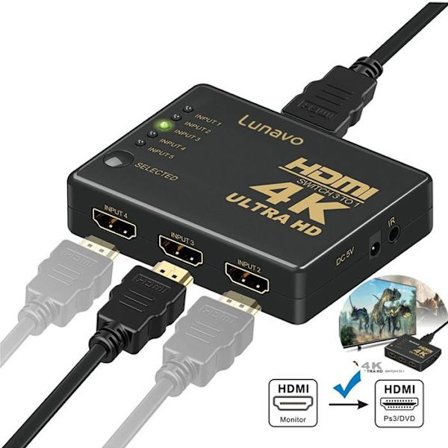HDMI-switch - LUNAVO - 5 porte - 4K opløsning - Fjernbetjening - Avanceret lydsupport