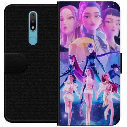 Yhteensopiva Lompakkokotelo Nokia 2.4 K-pop-inspiroinut tulevaisuutta ennakoiva tyttöryhmä neonvaloissa ja kosmisessa sci-fi-esiintymislavalla