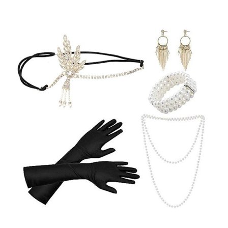 Vintage Flapper Kostyme 1920-tallet Kvinner Hodeplagg Satenghansker Øredobber Halskjede Ballfest Tilbehørssett 23PESET687