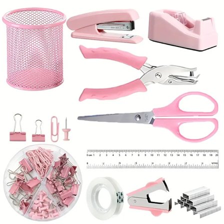10-i-1 Skrivebordsorganisator, med rund pennholder, stiftemaskin, saks, hullmaskin (rosa)