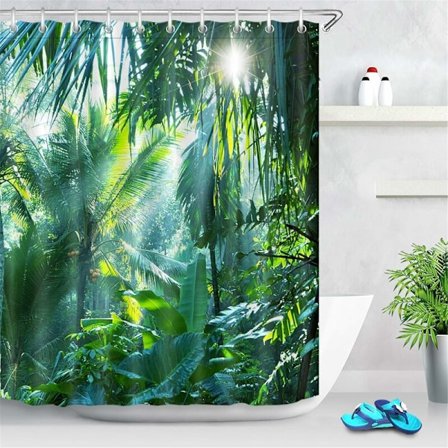 180x200cm Jungle Skov Bruseforhæng, Tropisk Plante Grøn Bananblade Badeværelsesforhæng Vandafvisende Skimmelsikker Vaskbar Polyesterstof C