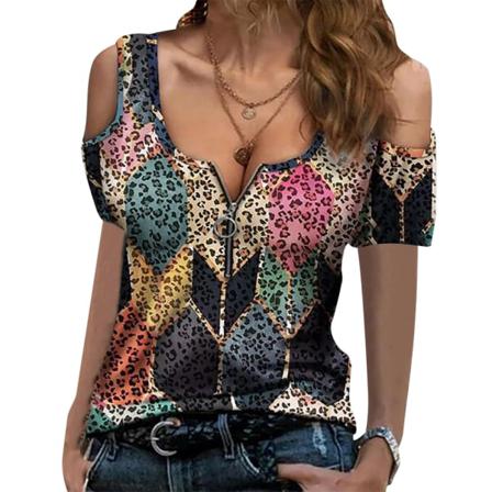 Print Dam Kortärmad Dragkedja Topp Dam Elegant Sexig