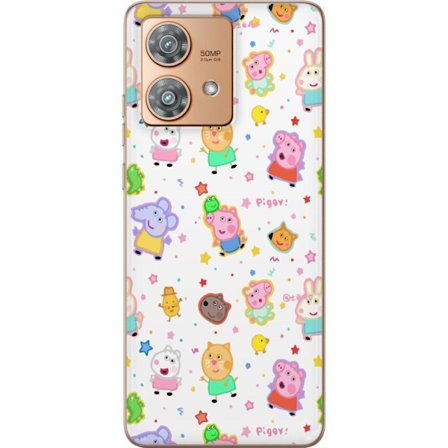 Yhteensopiva Puhelinkuori Motorola Edge 40 Neo Värikkäät piirretyt eläinhahmot leikkisässä tyylissä tähtien ja pisteiden kera vaalealla taustalla