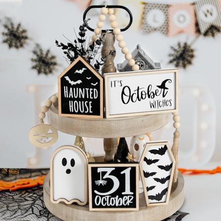 6 stk. Halloween Dekorationer | Halloween Tiered Tray Dekoration | Bat Kiste, Spøgelseshus, Spøgelse, Heks, 31. Oktober Skilt