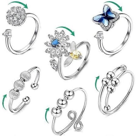6 st Fidget Ångestringar Justerbara ringar set Justerbara ringar Fidget ringar Ångestpärlringar, Stapelbara