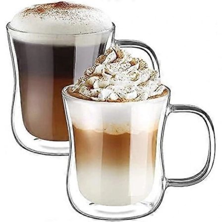 2x350ml Dubbelväggiga Kaffeglas Muggar Cappuccino Latte Macchiato Glas Koppar med Handtag Tåliga Glas Koppar för Kaffe Te