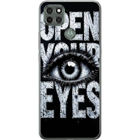 Kompatibelt Mobilskal till Motorola Motorola Moto G9 Power Mörk typografisk illustration med öga och texten Open Your Eyes, stark kontrast och rå k