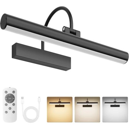 Oppladbar bildebelysning med fjernkontroll, dimbar og 3 fargetemperaturer, batteridrevet vegglampe med timer og minne - Svart Black