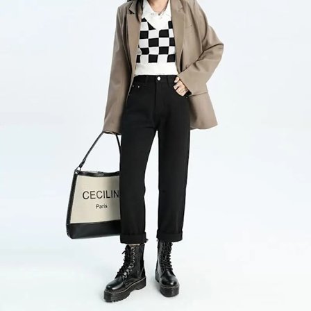 FINORD Hög midja Casual Beige Baggy Jeans Dam Koreanska höstjeans Streetwear Harajuku Vintage Vinter Raka jeansbyxor