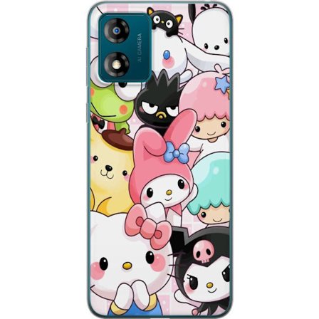 Kompatibelt Mobildeksel til Motorola Moto E13 Tett mønster av søte figurer med store øyne i ulike farger og uttrykk med LABUBU-tekst