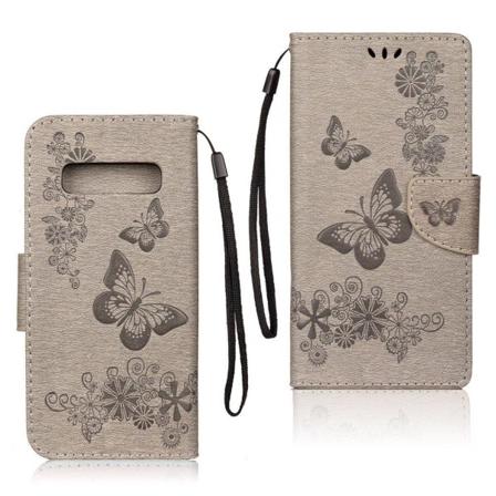 Samsung Galaxy S10 Läderfodral Med Fjärilsavtryck - Grå