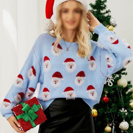 Kvinnor Santa Print Sweater Crew Neck Christmas Stickade Tröjor