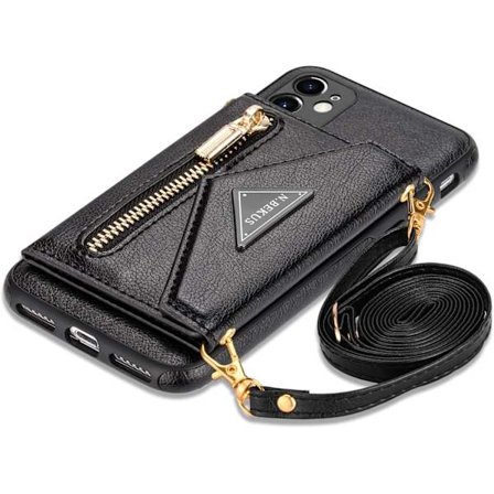 Wallet Case Crossbody for iPhone 12 with Lanyard, Credit Card Holder, PU Leather Protective Handbag Zipper Wallet Stand