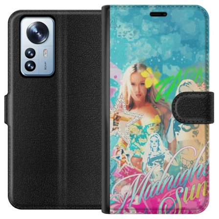 Kompatibel Tegnebogsetui til Xiaomi 12 Pro Eventyrverden med Steve, Creeper og dyr i farverig blokgrafik