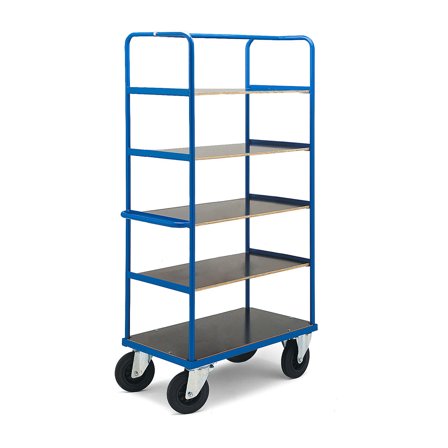Shelf trolley TRANSFER, 5 shelves, 900x500x1800 mm, rubber wheels, with brakes