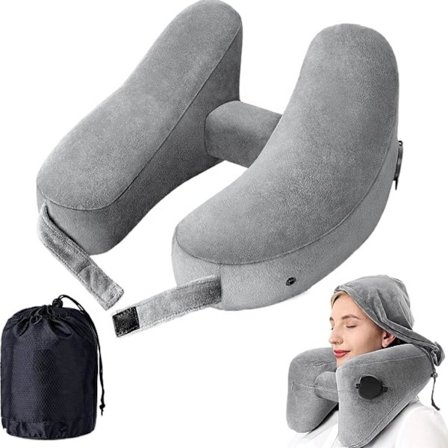 Ilmatäytteinen matkatyyny H-muotoinen irrotettavalla hupulla lentokoneeseen, toimistoon ja kotikäyttöön, harmaa