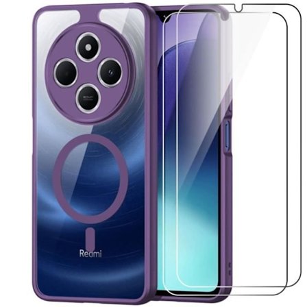 Etui + 2 hærdede briller til Xiaomi Redmi 14C, etui med magnetring, stødsikker beskyttelse Lilla kant
