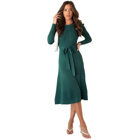 Strikket kjole med rund hals og lange ermer for kvinner - Midi-kjole med belte