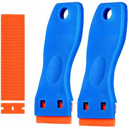 2 par plastskrape med 100 plastblader, skader ikke ved fjerning av lim, dekaler, klistremerker, etiketter og andre gjenstander fra glass, 