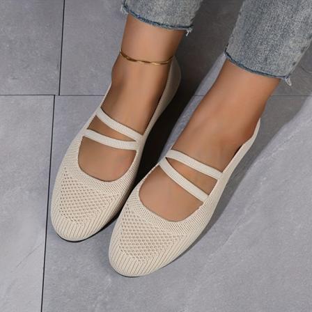 Damstickade Mary Jane, bekväma, mjuka sula Elastiska Slip On Flat Shoes, Andas Enfärgade Flats Beige White CN39(EU38)