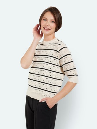 BRANDTEX - Kortærmet Strik - Råhvid - Stribet