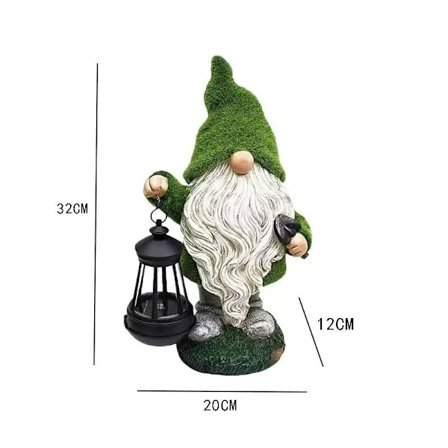 Hagegnom Utendørs Statuedekor - Stor Morsom Harpiksgnom med Solcellelykter, Flokket Hagegnomdekorasjon med Solcelle L