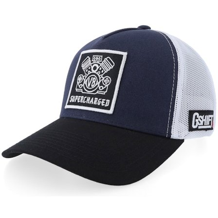 Gearshift - Blå trucker Caps - Supercharged V8 Patch Navy/White/Black A-frame Trucker @ Hatstore