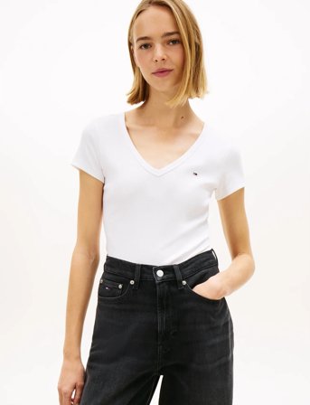 Tommy Jeans Tjw Slim Essential Rib V Ss - White - XS