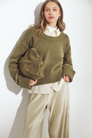 NA-KD Strickpullover aus Wollmischung mit Rundhalsausschnitt - Strickware - Grün - S (EU 34-36)