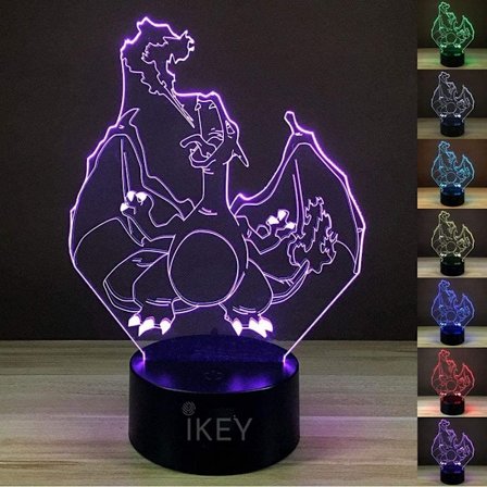 3D Illusion Charizard LED Natlampe, 7 Farver Gradual Skiftende USB Touch Switch 3D Visuelle Lys til Feriegaver eller Hjemmedekorationer