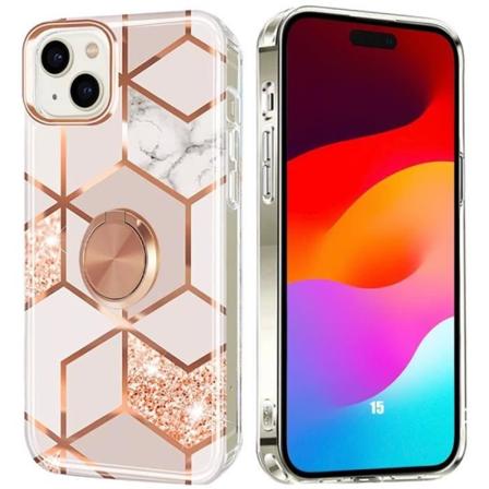 Silikonfodral till iPhone 15 Stötsäkert rosa marmor med ringstöd Rosa